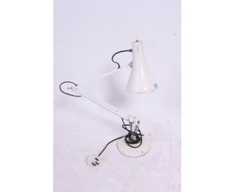 A vintage 20th century white Herbert Terry anglepoise lamp with circular base and pendant shade