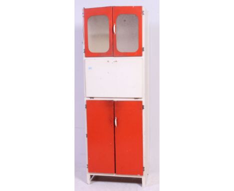 A 1950's vintage retro two tone kitchen cabinet having red doors and fall front centre. H179 x W61 x D41 cm