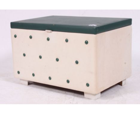 A retro 1950's green and cream vinyl button back blanket / window box  having hinged top with open storage set within H38 W58