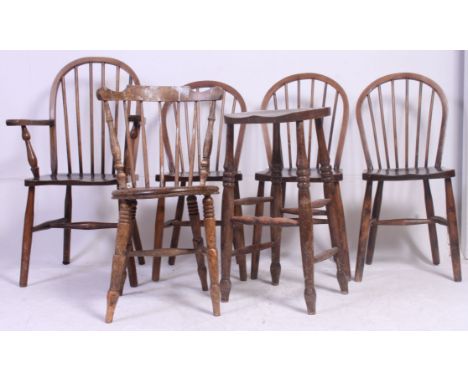 A group of Windsor dining chairs along with a vintage turned stool. The stool in beech and elm along with 1 single. To includ