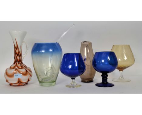 A collection of assorted vintage studio glass to include swirl vase and others. H30cm 