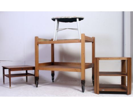 A collection of vintage 20th century furniture to include trolley, pair of retro stacking chairs, tables etc
