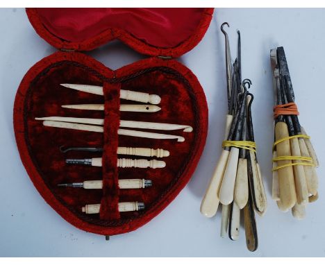 A 19th century Ivory handled ladies vanity set in later case comprising many tools. Together with a good collection of early 