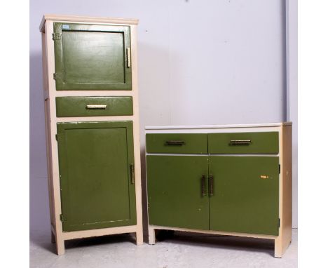 A vintage 1950's two tone low pedestal kitchen cabinet. unusual small size with good colour combination complete with matchin