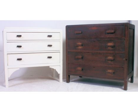 A vintage 1930's straight three oak chest of drawers along with a painted straight three chest of drawers. H82 x W84 x D46 cm