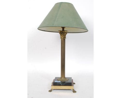 A large Edwardian Corinthian column Brass table lamp on stepped square base