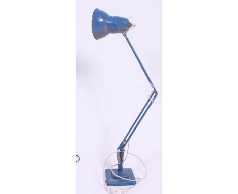 A 1940's rare blue Herbert Terry Industrial office anglepoise desk lamp raised on terraced square base with pendant shade. 90