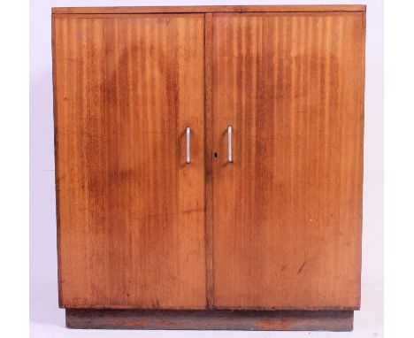 A vintage school laboratory cabinet with 2 full length slide out drawers with name tags and 2 fixed shelves with metal handle