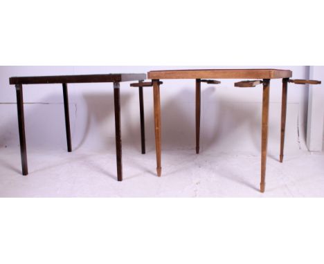 2 vintage mid 20th century village hall baize lined game / card bridge tables. Folding construction with square legs and chip