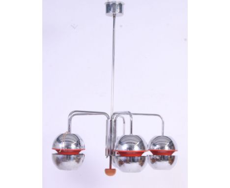 A 1950's chrome retro 4 branch atomic space age chandelier having chrome ball finial shades with red banded centres. H77 x W5