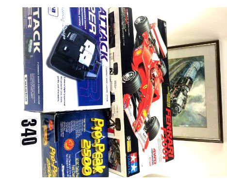 TAMIYA Ferrari F2001 Racing Car Model Kit; incomplete, body missing, VG, box G, together with Ripmax Pro-Peak 2500 Fast Charg