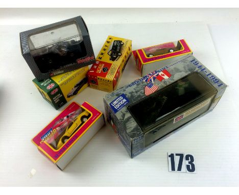 Solido LE 'Liberation of France' Sherman Tank, in its original box, E box G, together with five boxed die cast cars, VG (6)
