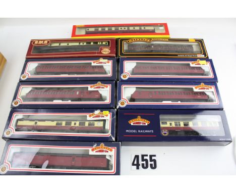 Boxed OO Gauge Coaching Stock by various makers: comprising seven coaches by Bachmann (mostly BR maroon suburban stock), LMS 