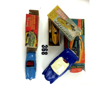 Tri-ang and Marx Cars and Jetex Speed Boat: Marx blue with white roof battery operated car , Tri-ang Minic No 2 light blue pl