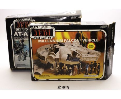 Vintage Star Wars Vehicles, ROTJ AT-AT, Millennium Falcon and Rebel Transport, in original boxes, some small parts missing, r
