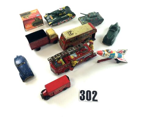 Tinplate Toys 1950s-1970s: Matsuya Toys Nike SR-7 Space Rocket, TN Modern Toy friction drive Fire Engine with bell and flag o