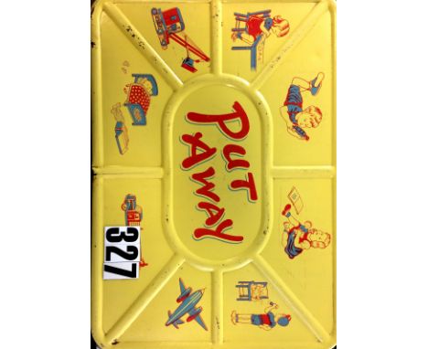 Large Canadian Vintage Yellow Tin 'Put Away' Toy Box; (empty) G