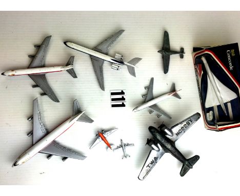 A Collection of Model Aircraft: including Aero Mini TWA Boeing 707 and 747, Aeromini BOAC Boeing, Corgi Concorde, boxed, and 