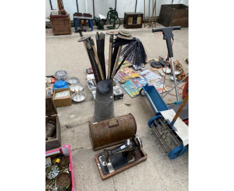 A VINTAGE SINGER SEWING MACHINE, A COAL SKUTTLE AND DRAINING RODS WITH CHIMNEY SWEEP ATATCHMENTS