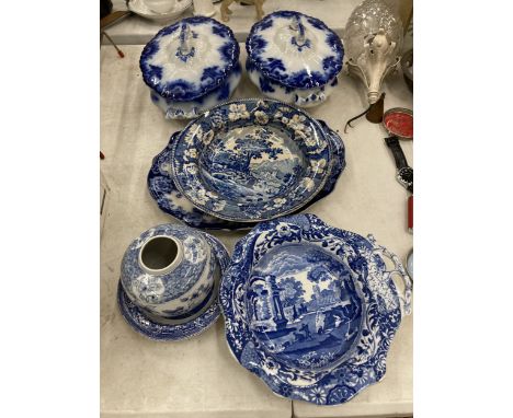 A COLLECTION OF BLUE AND WHITE ITEMS TO INCLUDE COPELAND SPODE, WOODS, MYOTT ETC PLATES, LIDDEN TUREENS, VASE ETC