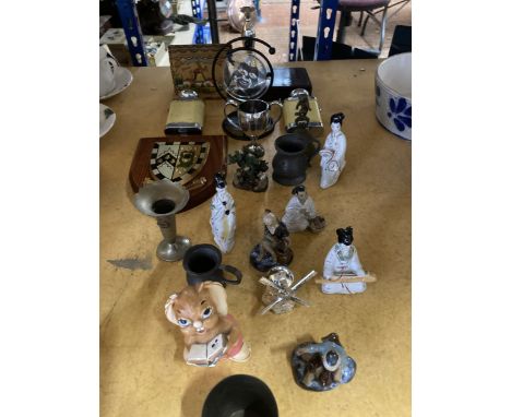 A MIXED LOT TO INCLUDE PENDELFIN BUNNY 'PIXIE', OTHER ORIENTAL FIGURES, VASES, HIP FLASK ETC