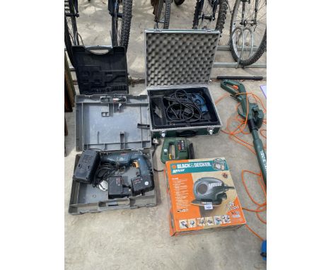 AN ASSORTMENT OF POWER TOOLS TO INCLUDE A BLACK AND DECKER PALM SANDER, A BOSCH JIGSAW AND A CORDLESS BOSCH DRILL ETC