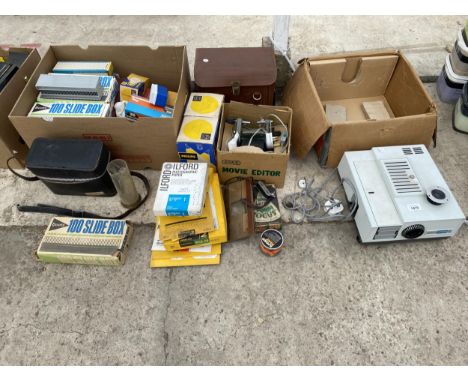 AN ASSORTMENT OF VARIOUS PHOTOGRAPHY EQUIPMENT TO INCLUDE A PROJECTOR, MOVIE EDITOR AND SLIDE BOXES ETC