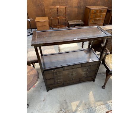 AN ORIENTAL HARDWOOD BUFFET SIDEBOARD ENCLOSING CUPBOARDS AND DRAWERS, 36" WIDE