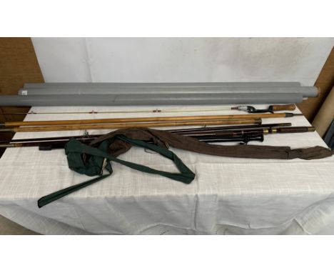 AN ASSORTMENT OF FISHING ITEMS TO INCLUDE ROD EXTENSIONS, TUBES AND BAGS