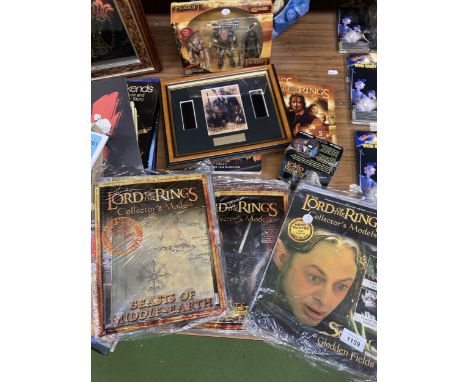 A LARGE QUANTITY OF LORD OF THE RINGS COLLECTOR'S MODELS ISSUE COVERS, JIGSAW, FRAMED FILM CELL, TRADING CARD GAME BOOKS, ETC
