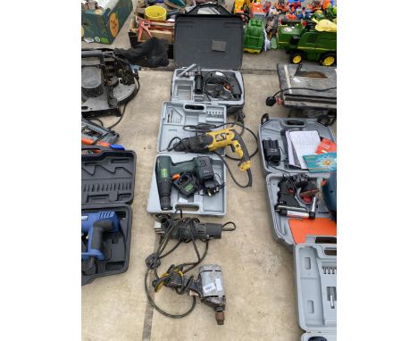 AN ASSORTMENT OF POWER TOOLS TO INCLUDE A DEWALT DRILL, A CORDLESS DRILL AND AN ANGLE GRINDER ETC
