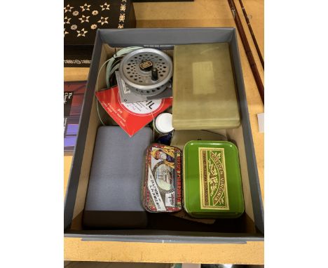 A LARGE ASSORTMENT OF FLY FISHING ITEMS TO INCLUDE FLIES, TWO REELS AND LINE ETC