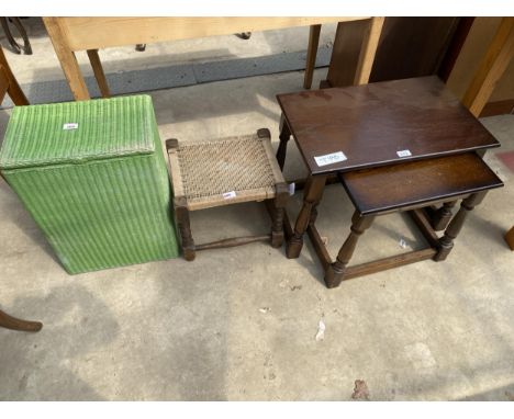 A NEST OF TWO OAK TABLES, BOBBIN TURNED STOOL AND LLOYD LOOM LINEN BOX AND CONTENTS