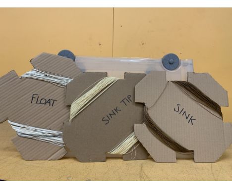 A BOX CONTAINING THREE ROLLS OF FLY FISHING LINE TO INCLUDE FLOAT AND SINK ETC