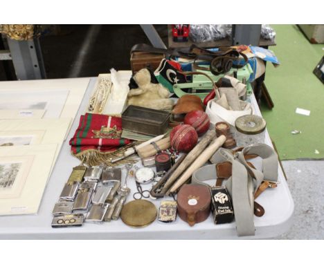 A MIXED VINTAGE LOT TO INCLUDE LIGHTERS, CRICKETS BALLS, SCARVES, HAND PUPPET ETC