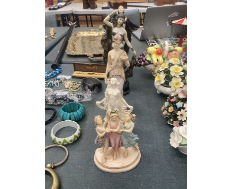 TWO ART DECO EGYPTIAN FIGURES TOGETHER WITH A FIGURE OF THE THREE GRACES, ETC.,