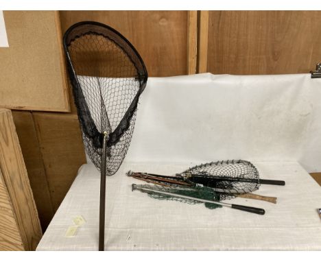 FOUR VARIOUS FLY FISHING LANDING NETS TO INCLUDE THREE FOLDING EXAMPLES