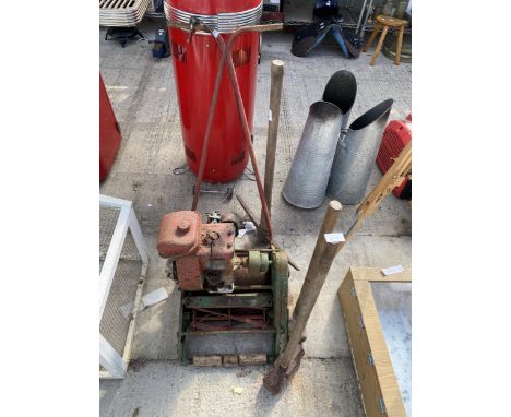 TWO SLEDGE HAMMERS, A PICK AXE AND A VINTAGE CYLINDER MOWER