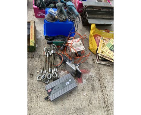 AN ASSORTMENT OF ITEMS TO INCLUDE WIRE ROPE, A BISCUIT JOINTER AND AN ELECTRIC SANDER ETC