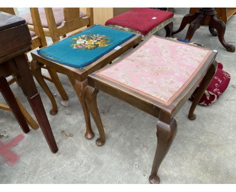 TWO UPHOLSTERED STOOLS ON CABRIOLE LEGS AND POUFFE