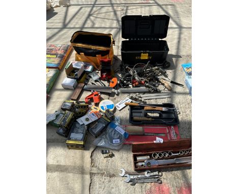 AN ASSORTMENT OF TOOLS AND HARDWARE TO INCLUDE MOLE GRIPS, SPANNERS, SCREWS AND A TROWEL ETC