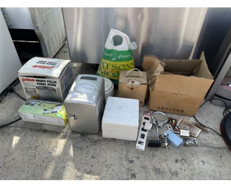 AN ASSORTMENT OF ITEMS TO INCLUDE AN IN CAR FRIDGE, PROJECTOR AND POTATO PEELER ETC