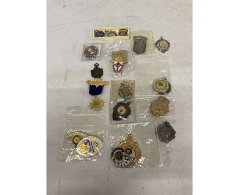 A COLLECTION OF HALLMARKED SILVER AND ENAMEL BADGES, BILLIARDS MEDAL, ETC.,