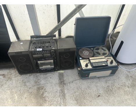 A RETRO HITACHI RADIO WITH TWO SPEAKERS AND A FERGUSON TAPE TO TAPE PLAYER