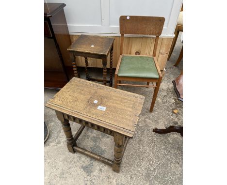 AN OAK JACOBEAN STYLE STOOL, OAK BOBBIN TURNED PLANT STAND PLUS A MID 20TH CENTURY CHILDS CHAIR.