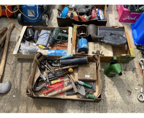 THREE BOXES OF ASSORTED TOOLS TO INCLUDE A WOOD PLANE, ADJUSTABLE SPANNER AND A HALFORDS OIL JUG ETC