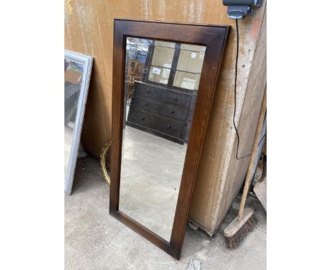 AN OAK FRAME BEVEL EDGE WALL MIRROR 48" X 22"