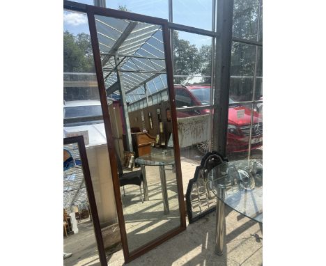 A LARGE HARDWOOD FRAMED BEVEL EDGED MIRROR 93" x 31.5"