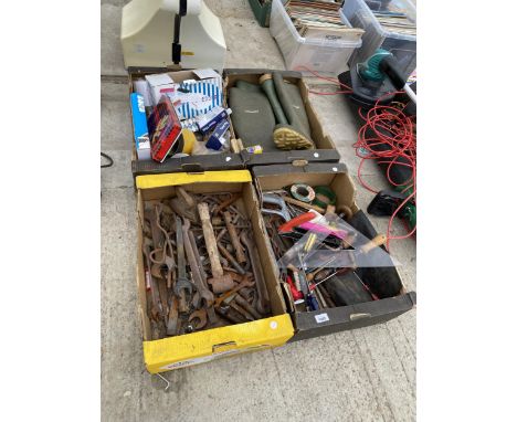 FOUR BOXES OF TOOLS AND HARDWARE TO INCLUDE FLAT IRONS, SPANNERS, BRACE DRILL AND WELLIES