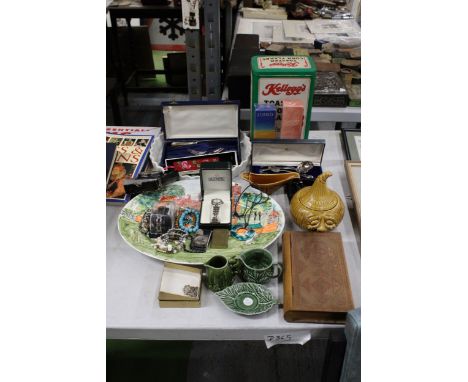A MIXED LOT TO INCLUDE WATCHES, ETERNITY PERFUME AND GHOST PERFUME (BOTH SEALED) SPOONS, ONUION FACE POT, VINTAGE THERMOMETER